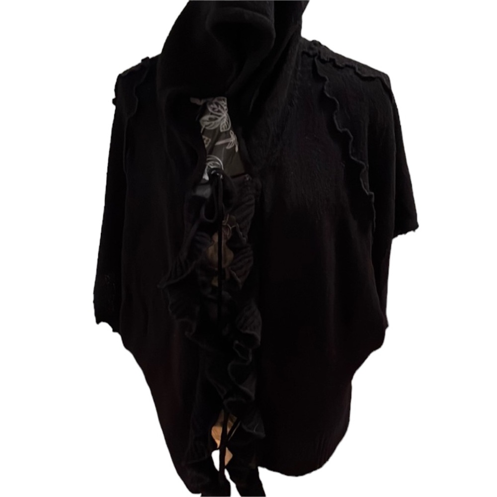 Sparrow size medium black hooded sweater tie front dolman sleeves runs large